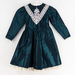 Jessica McClintock Gunne Sax Dress Girls 5 Green Satin Taffeta with Lace & Bow